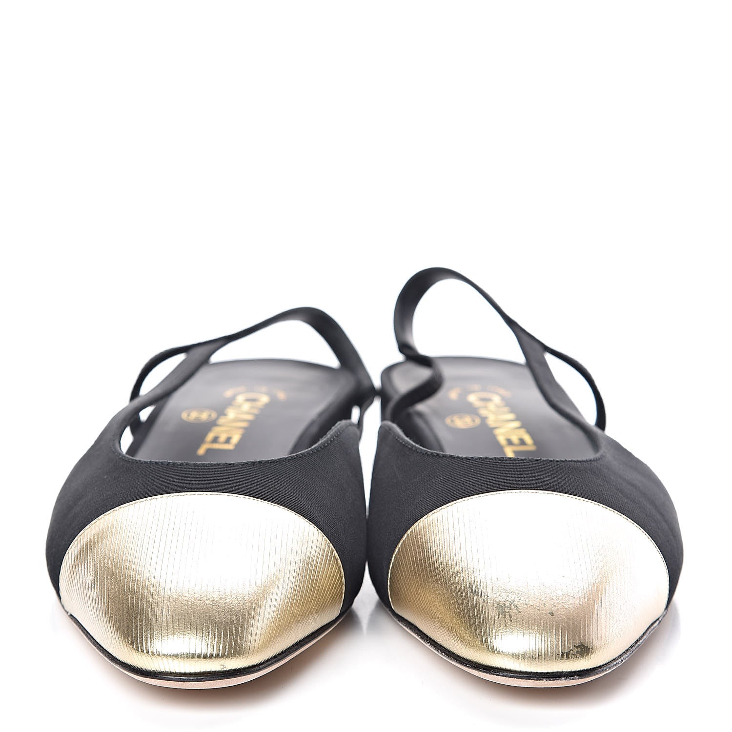 Chanel Grosgrain Cap Toe CC Slingback Pumps 39 Black Gold 2 of 10