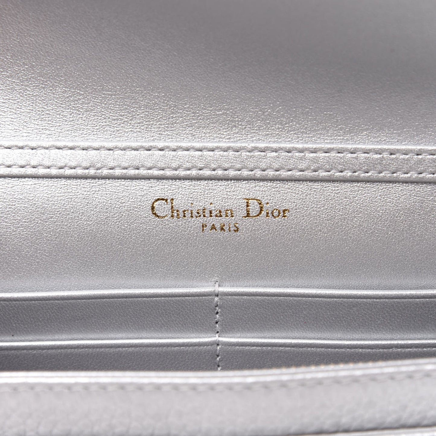 Metallic Grained Calfskin Diorama Wallet on Chain Pouch Silver