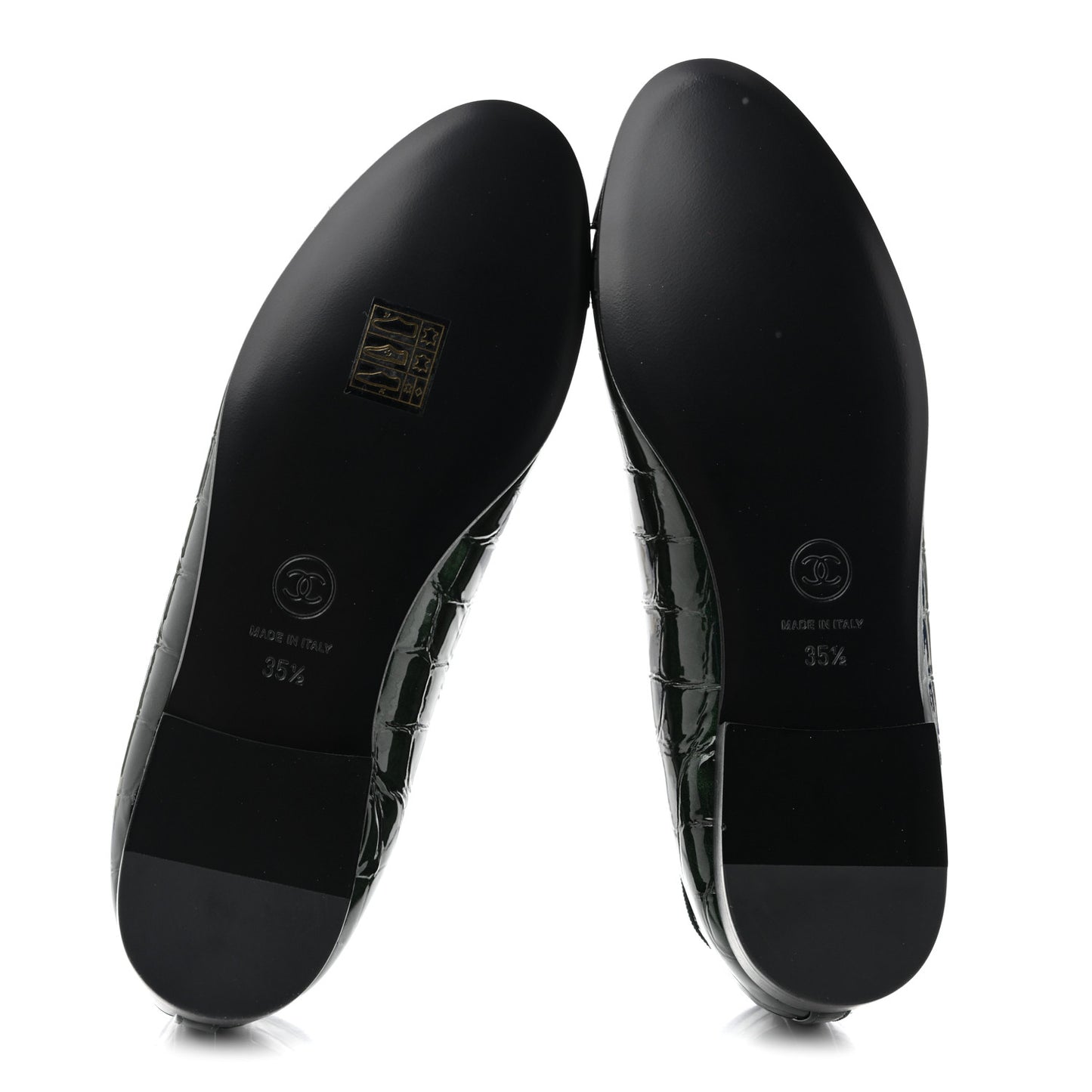 Crocodile Embossed Patent Calfskin Cap Toe CC Ballerina Flats 35.5 Dark Green Black