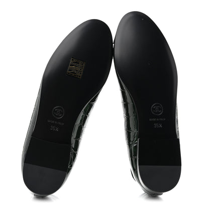 Chanel Crocodile Embossed Patent Calfskin Cap Toe CC Ballerina Flats 35.5 Dark Green Black 7 of 11