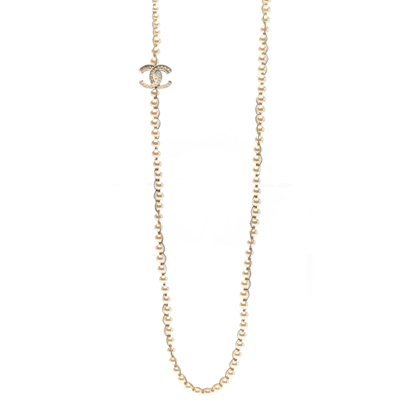 Crystal Pearl CC Chain Long Necklace Gold