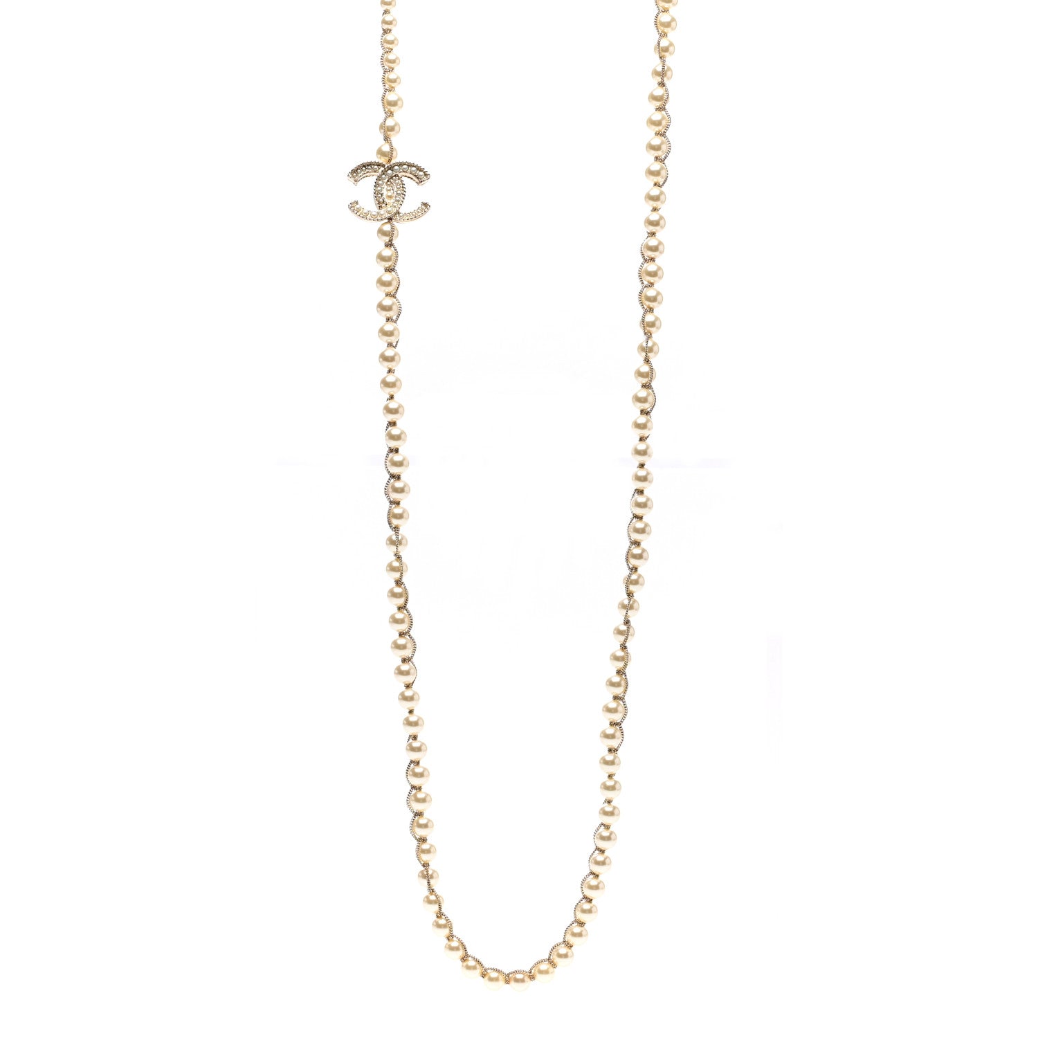 Chanel Crystal Pearl CC Chain Long Necklace Gold 1 of 6
