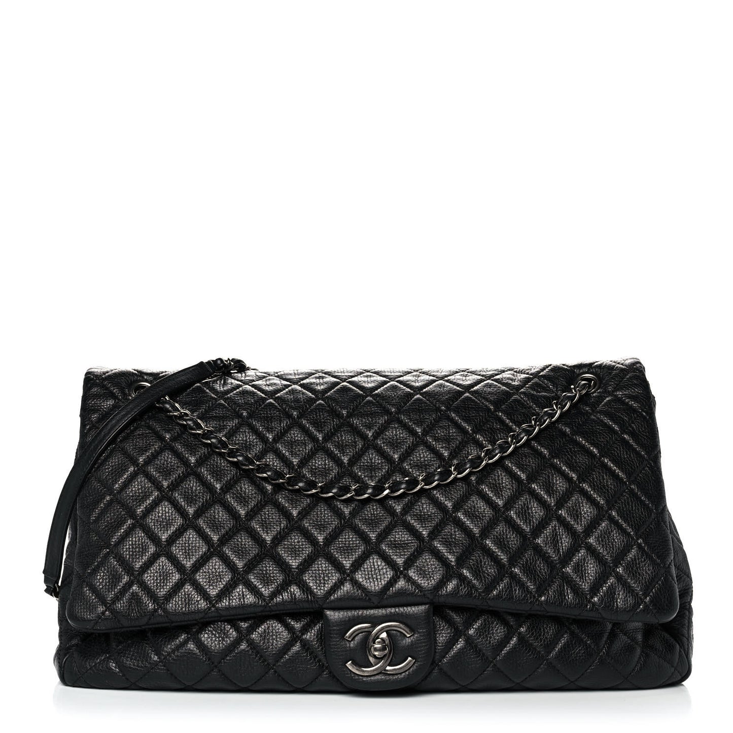 Calfskin Quilted XXL Travel Flap Bag Black