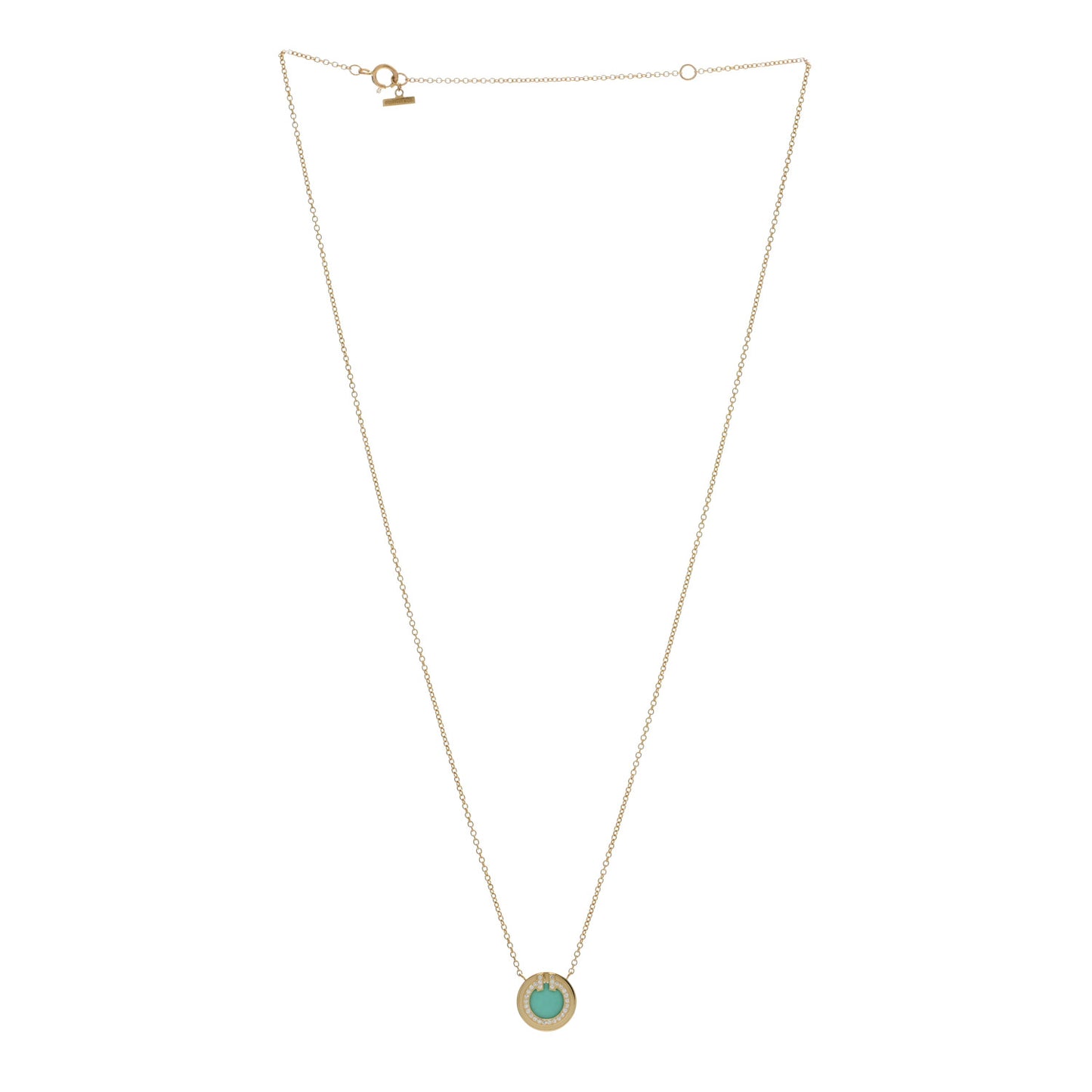 18K Rose Gold Diamond Turquoise Small T Circle Pendant Necklace