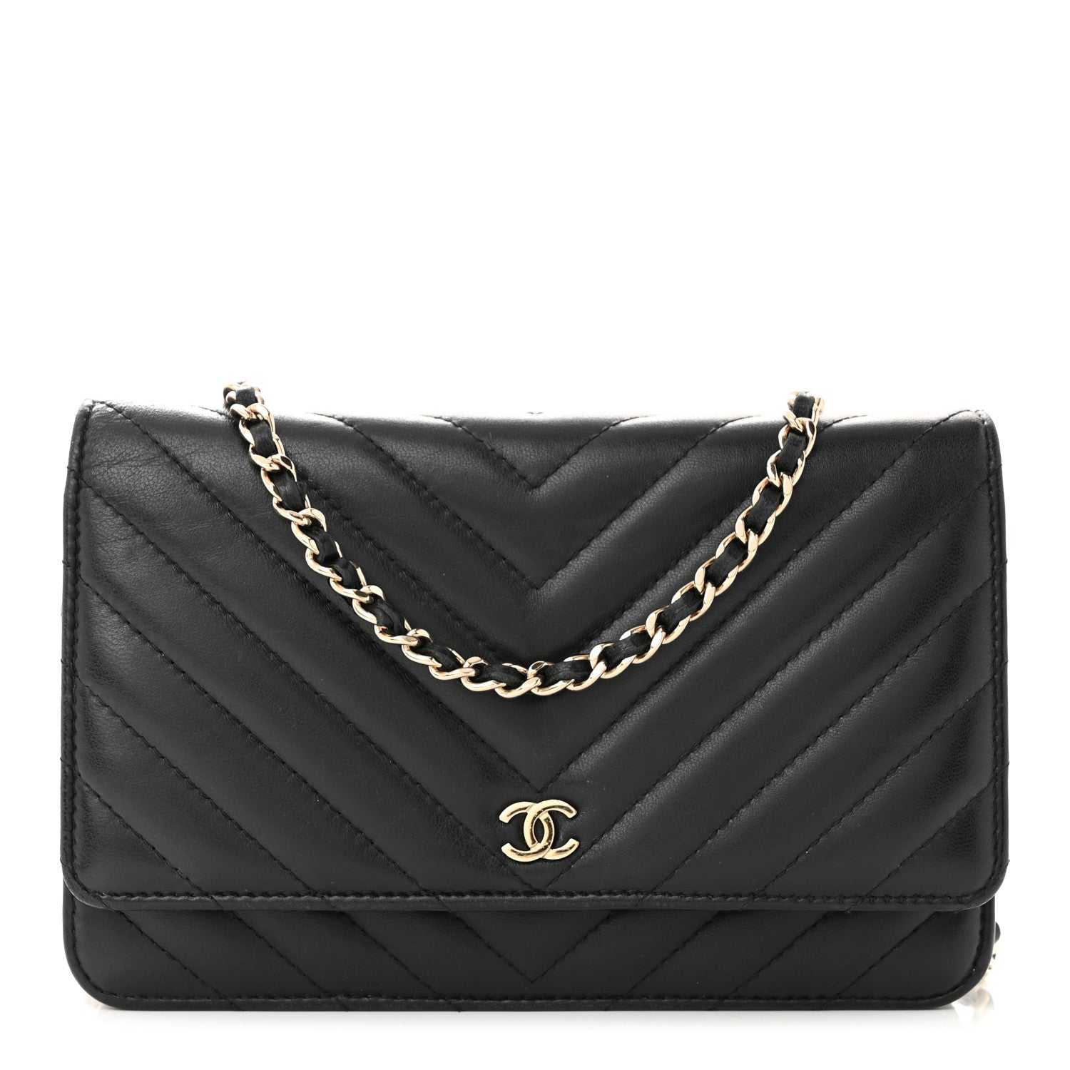 Chanel Lambskin Chevron Quilted Wallet On Chain WOC Black 1 of 12