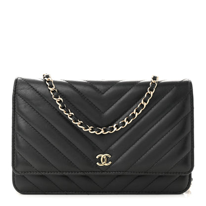 Chanel Lambskin Chevron Quilted Wallet On Chain WOC Black 1 of 12