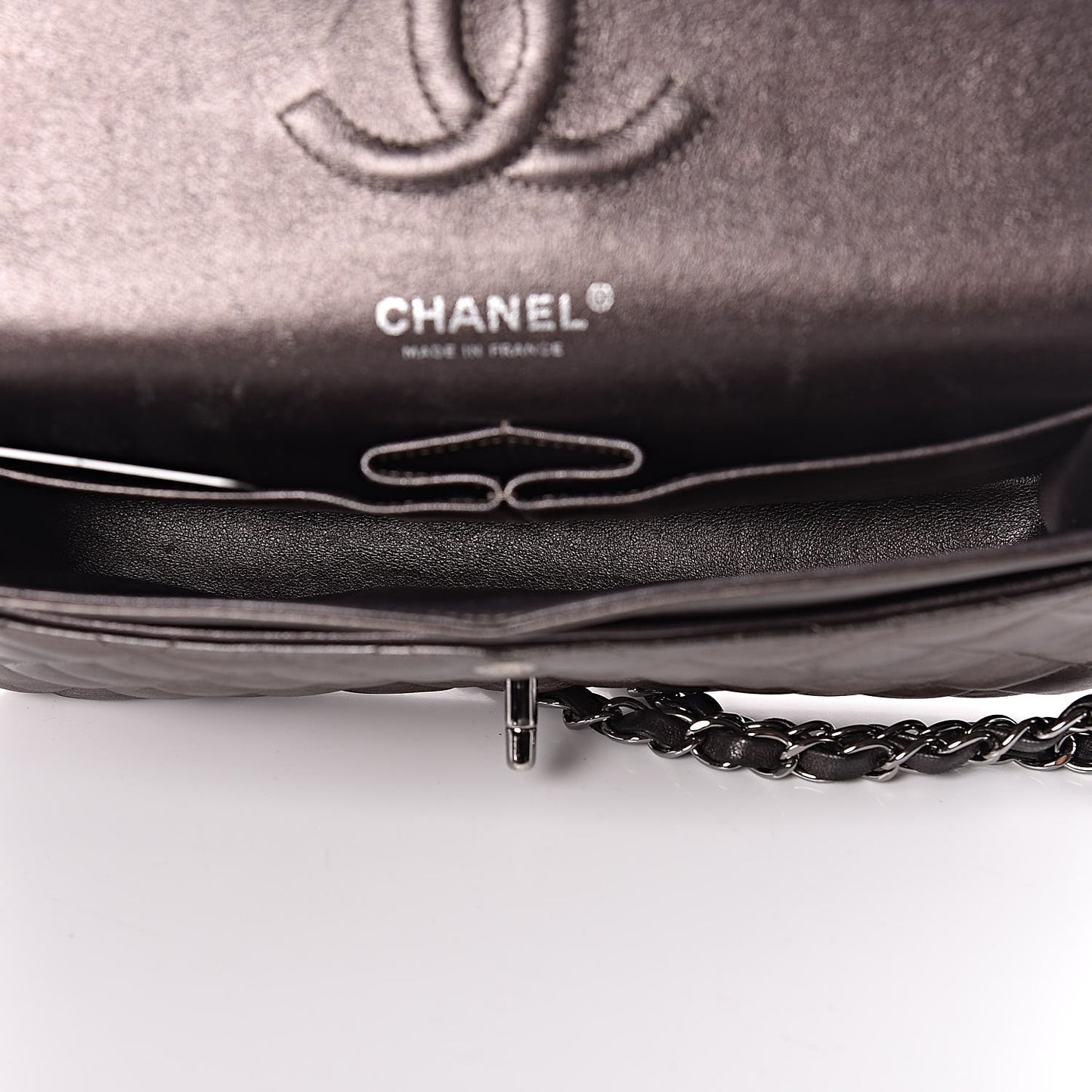 Metallic Lambskin Quilted Medium Double Flap Dark Grey