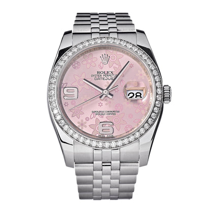 Rolex Stainless Steel 18K White Gold Diamond 36mm Oyster Perpetual Datejust Watch Pink Flowers 116244 1 of 6