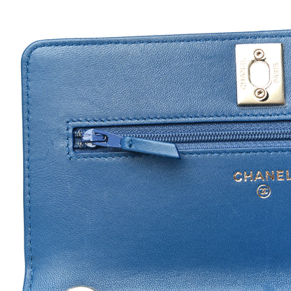 Chanel Lambskin Chevron Quilted Trendy CC Wallet On Chain WOC Blue 14 of 15