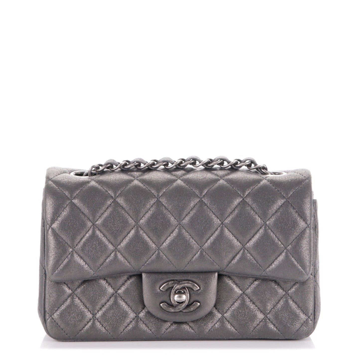 Iridescent Calfskin Quilted Mini Rectangular Flap Dark Grey