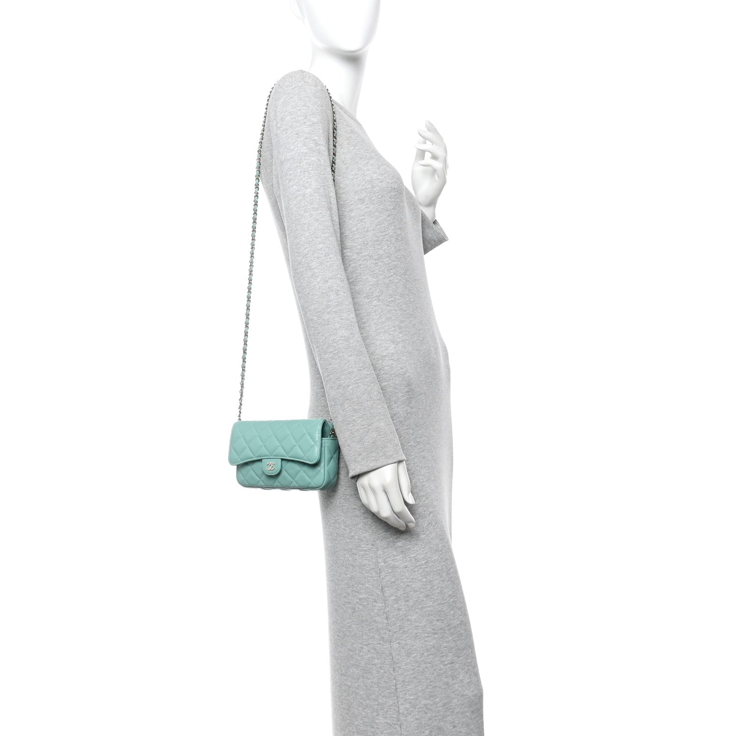 Chanel Caviar Quilted Flap Phone Holder With Chain Turquoise 2 of 11