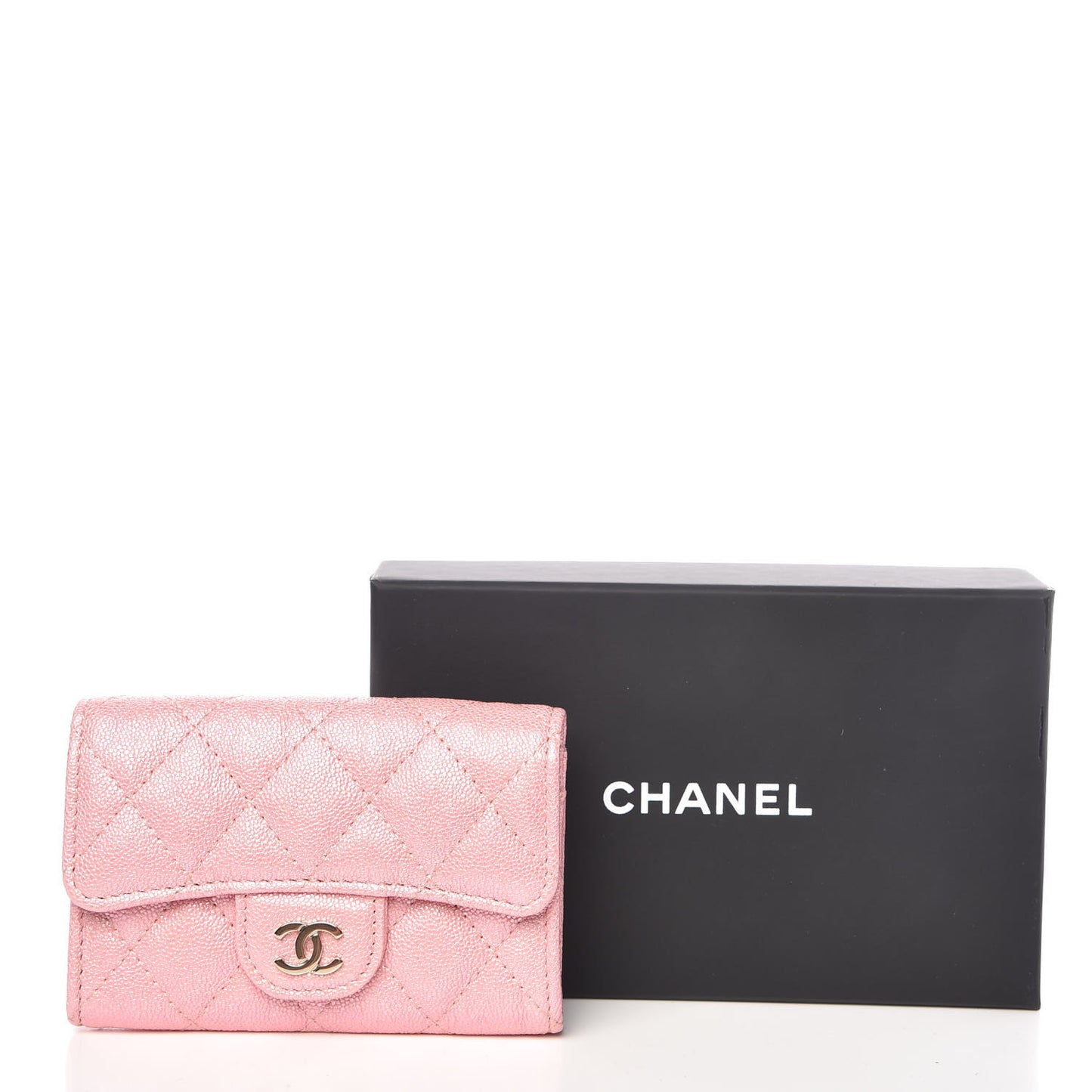 Iridescent Caviar Quilted Flap Card Holder Rose Pink