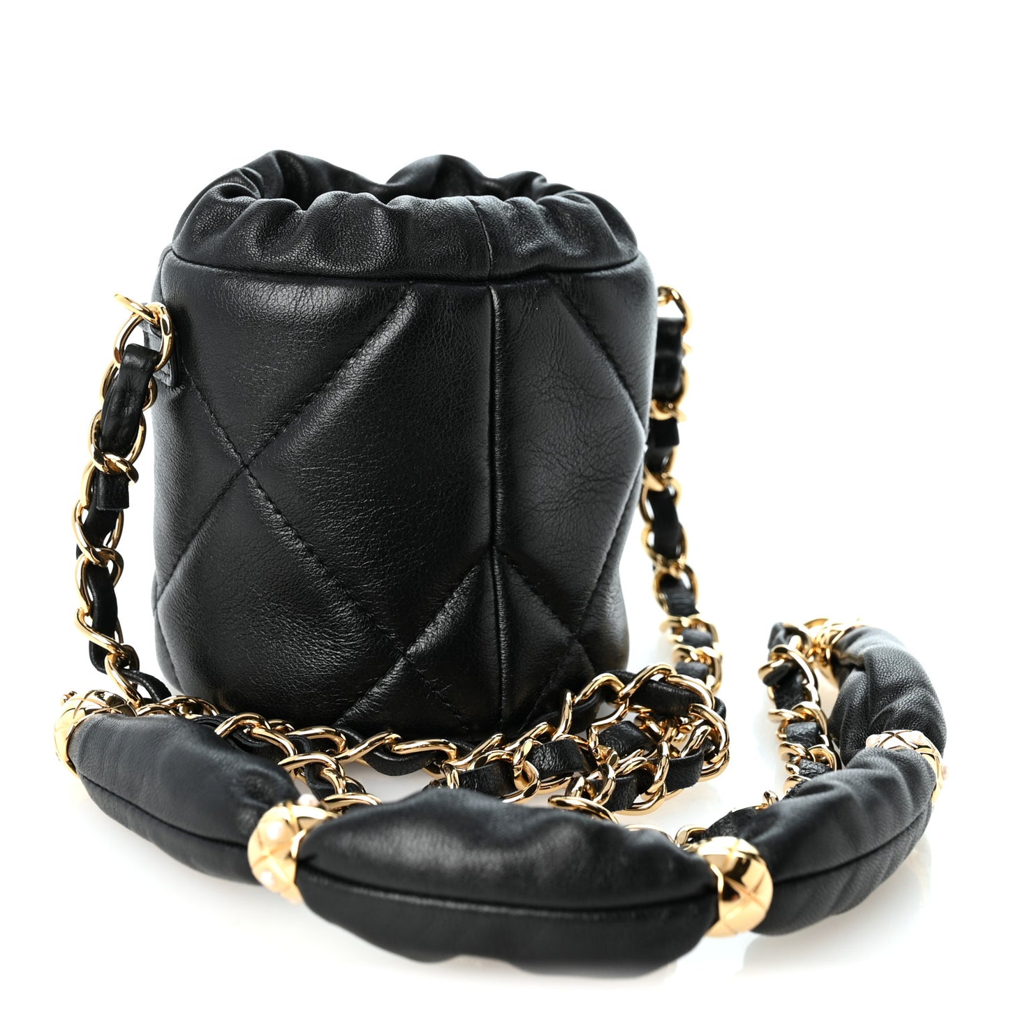 Calfskin Quilted Mini Drawstring Bucket Bag Black