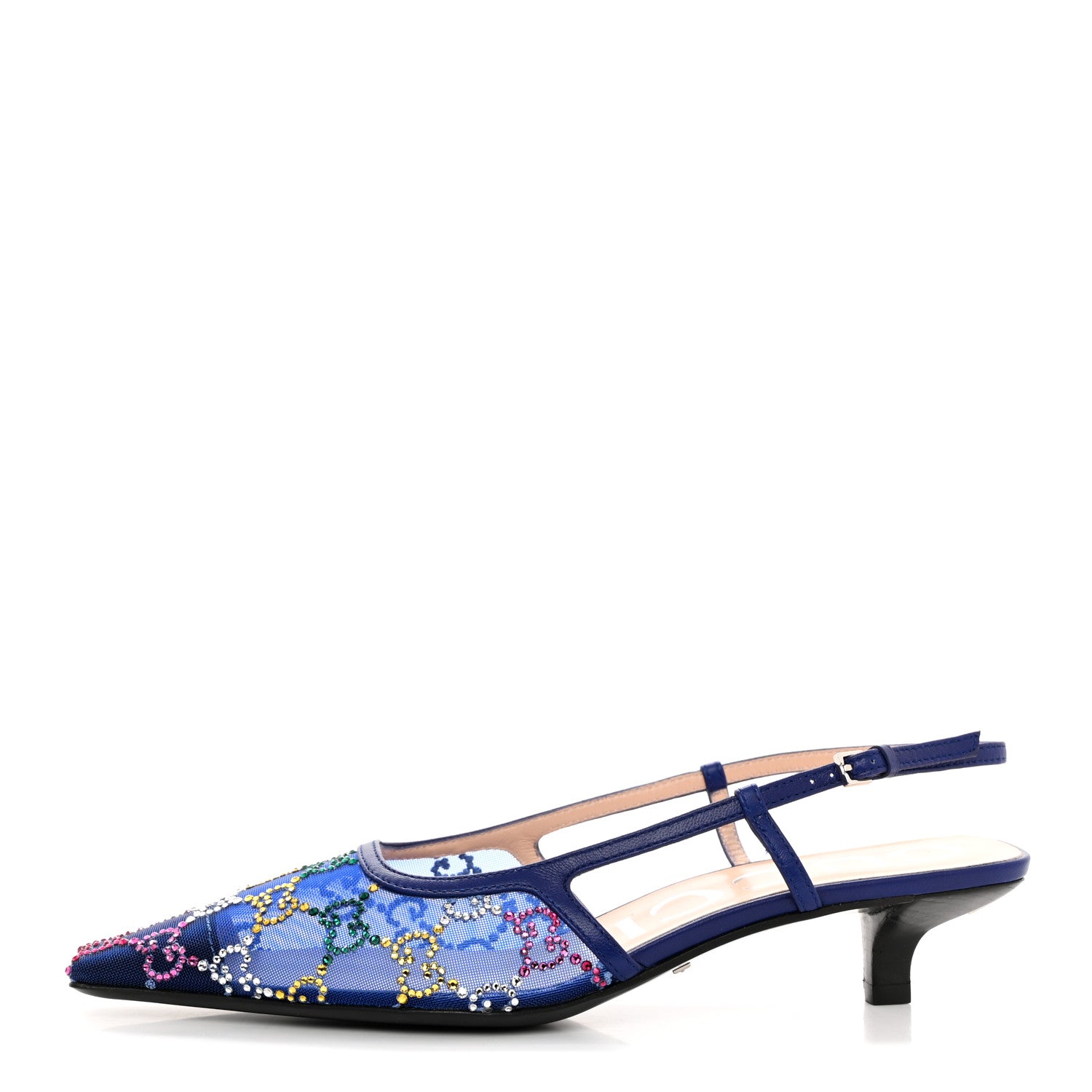 Gucci Tela Retino Nappa Charlotte Crystal GG Monogram Square G 35mm Slingback Pumps 37 Splash Net Blue Witch 1 of 8