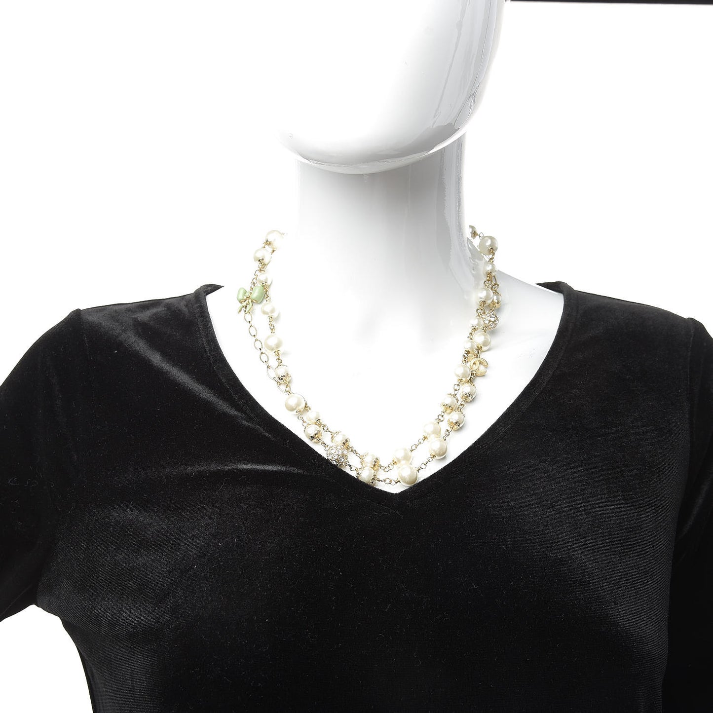 Crystal Pearl CC Bow Long Necklace Gold