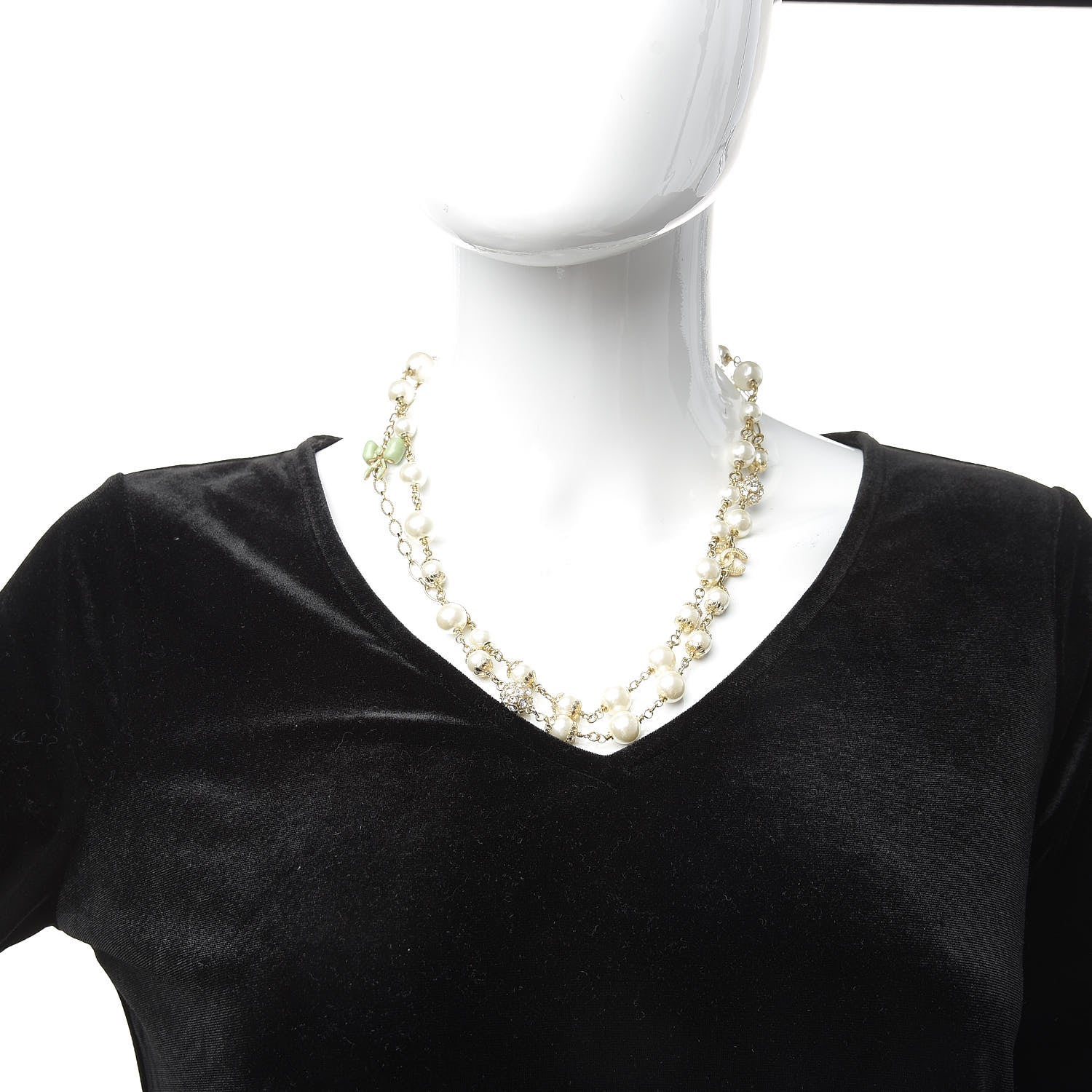 Chanel Crystal Pearl CC Bow Long Necklace Gold 2 of 4