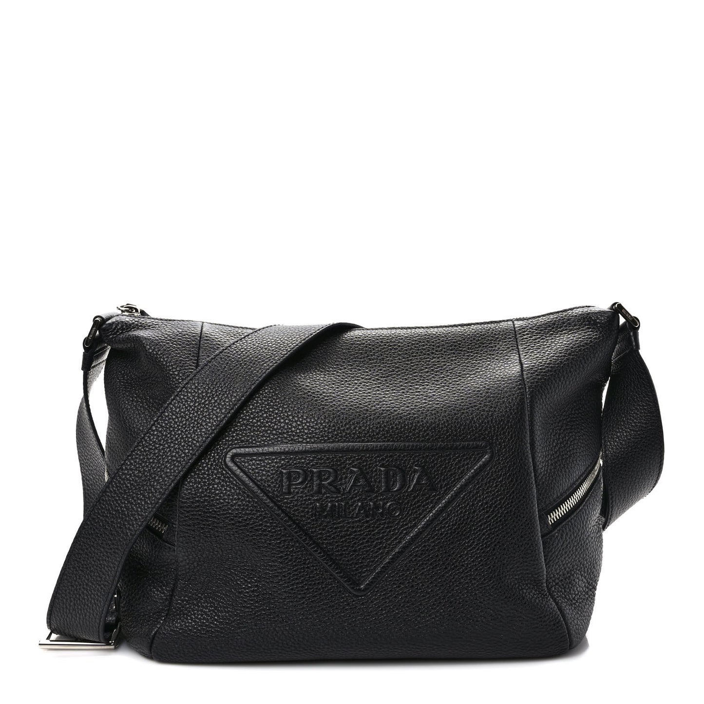 Vitello Daino Triangle Logo Embossed Shoulder Bag Black