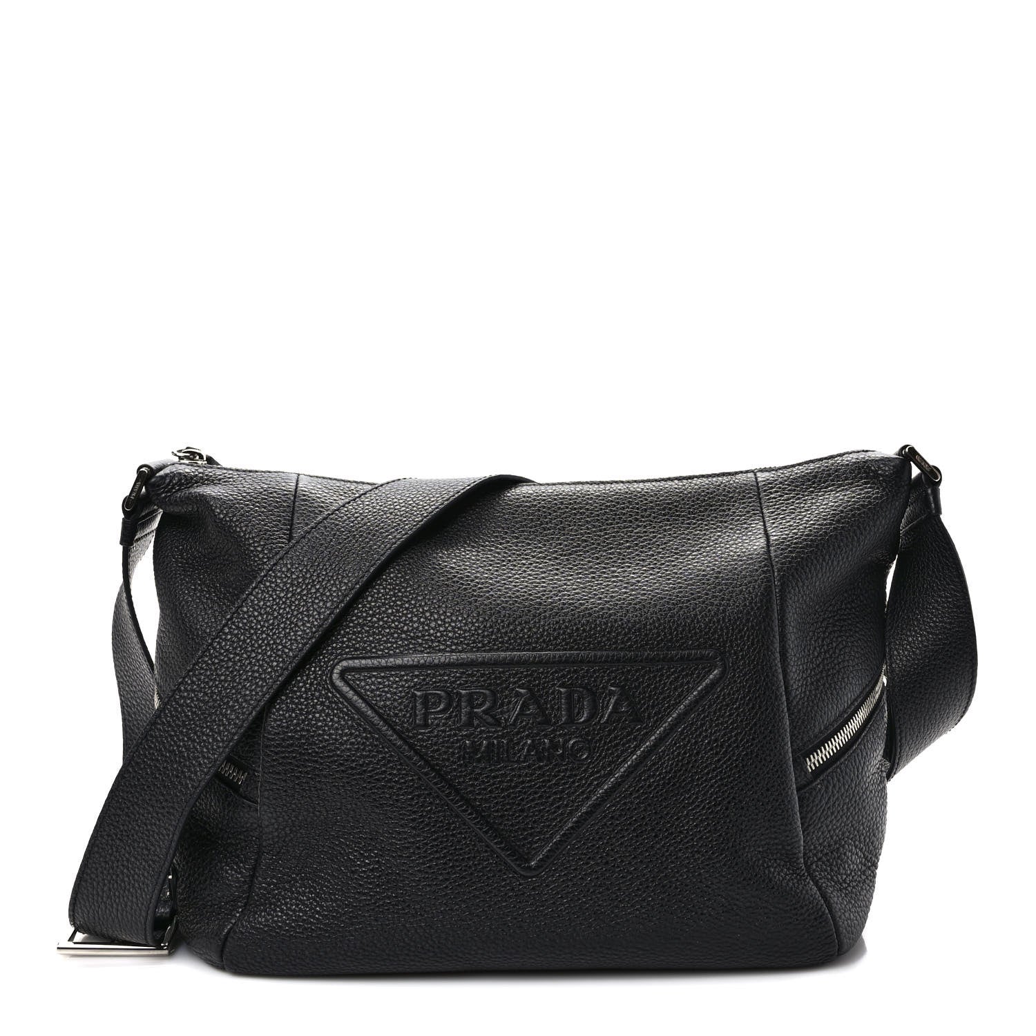 Prada Vitello Daino Triangle Logo Embossed Shoulder Bag Black 1 of 10