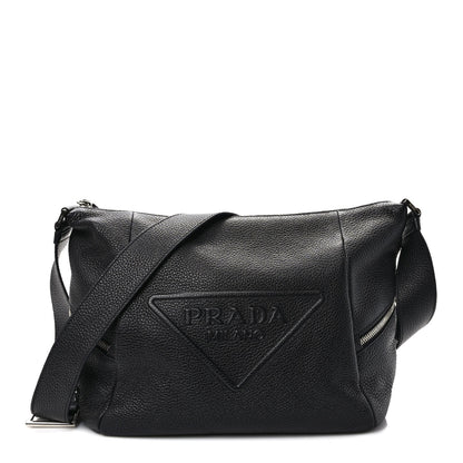 Prada Vitello Daino Triangle Logo Embossed Shoulder Bag Black 1 of 10