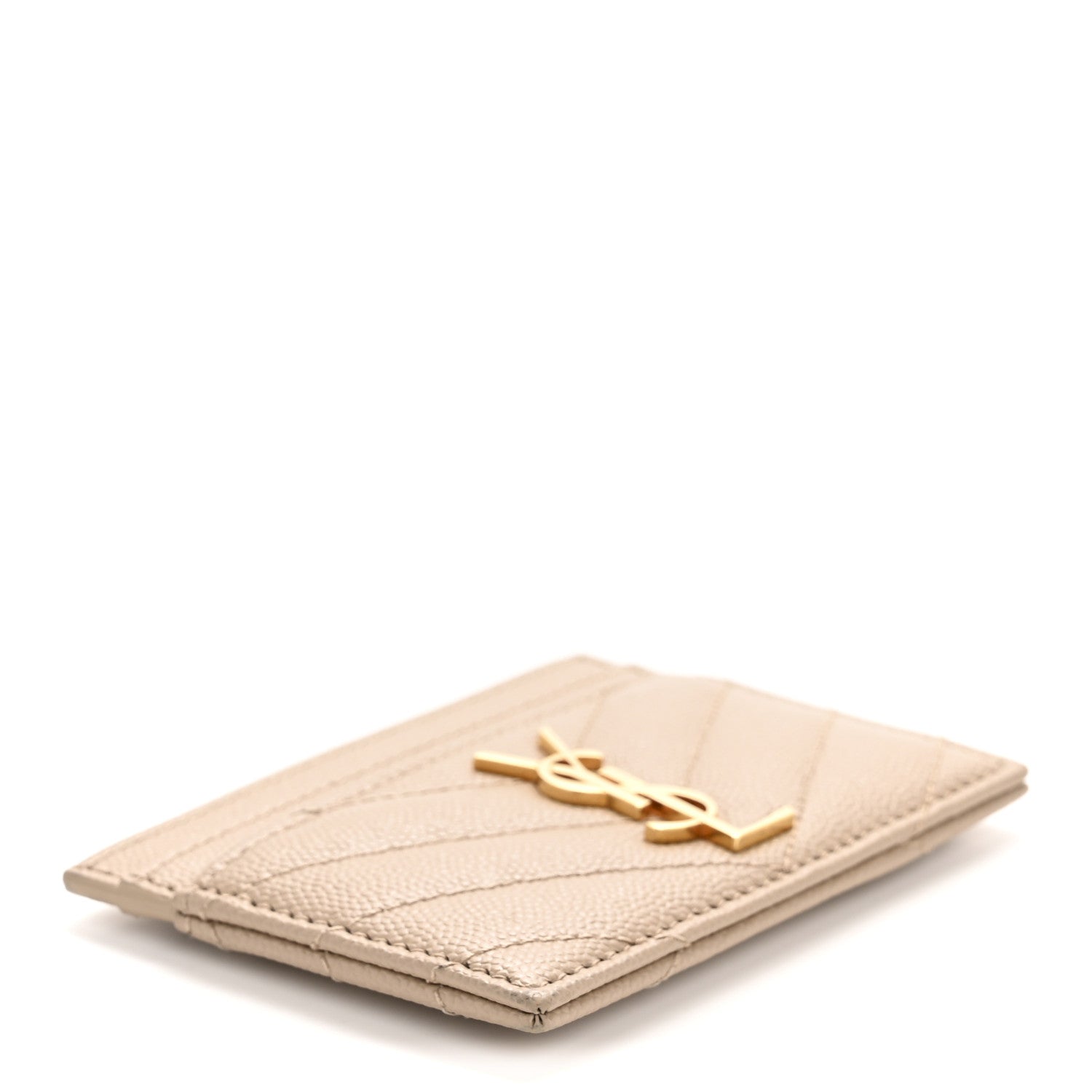 Saint Laurent Grain De Poudre Matelasse Chevron Monogram Credit Card Case Dark Beige 4 of 9