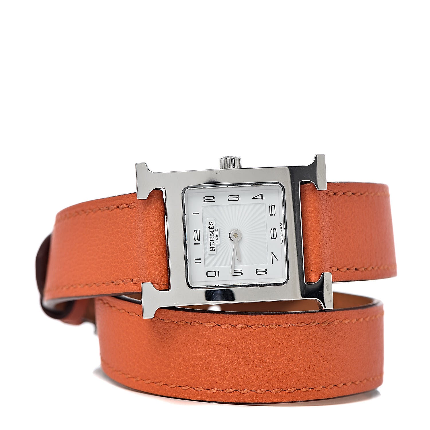 Hermes Stainless Steel Swift 21mm Heure H Hour Double Tour Quartz Watch Orange 3 of 8