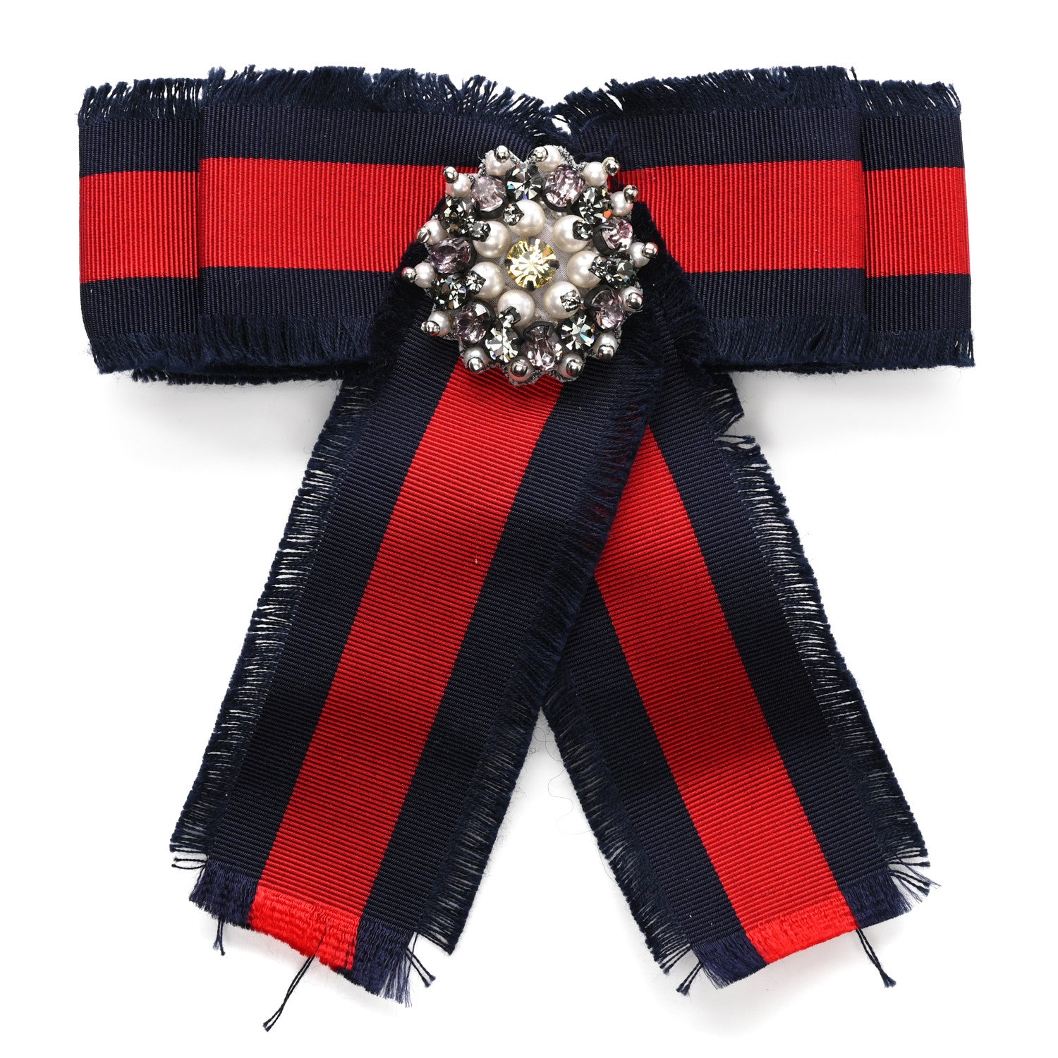 Gucci Grosgrain Web Crystal Bow Brooch Blue Red 1 of 7