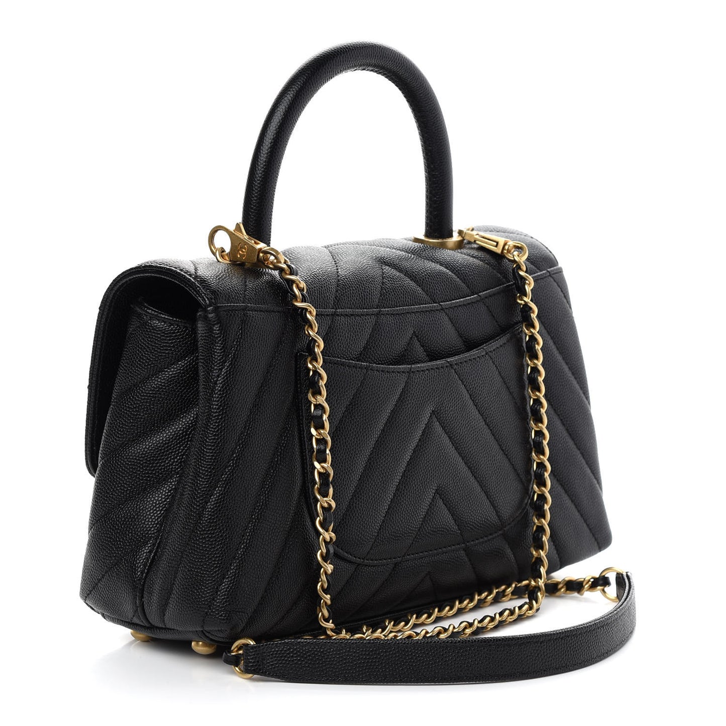 Caviar Chevron Quilted Mini Coco Handle Flap Black
