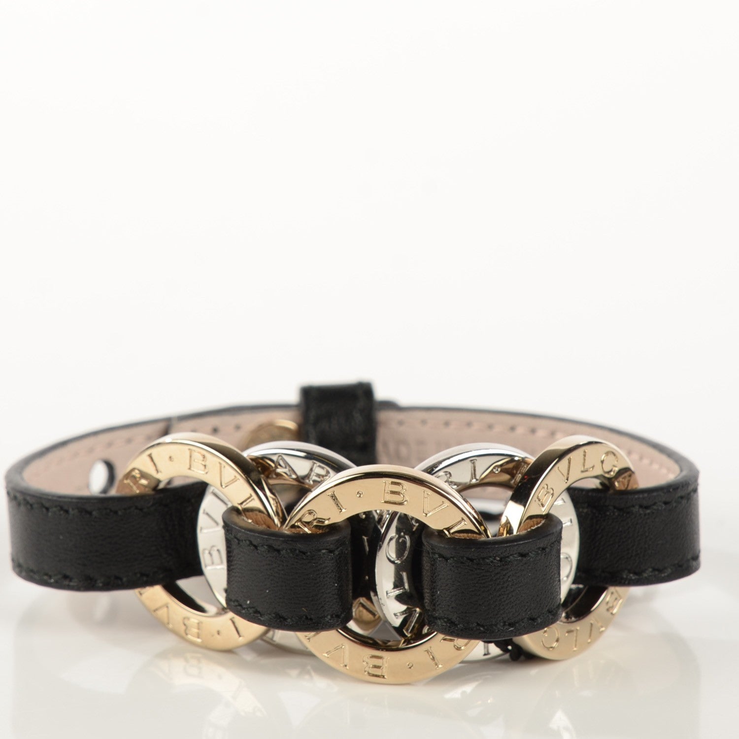 Bulgari Calfskin Circular Panel Bracelet Black Gold Silver 3 of 7