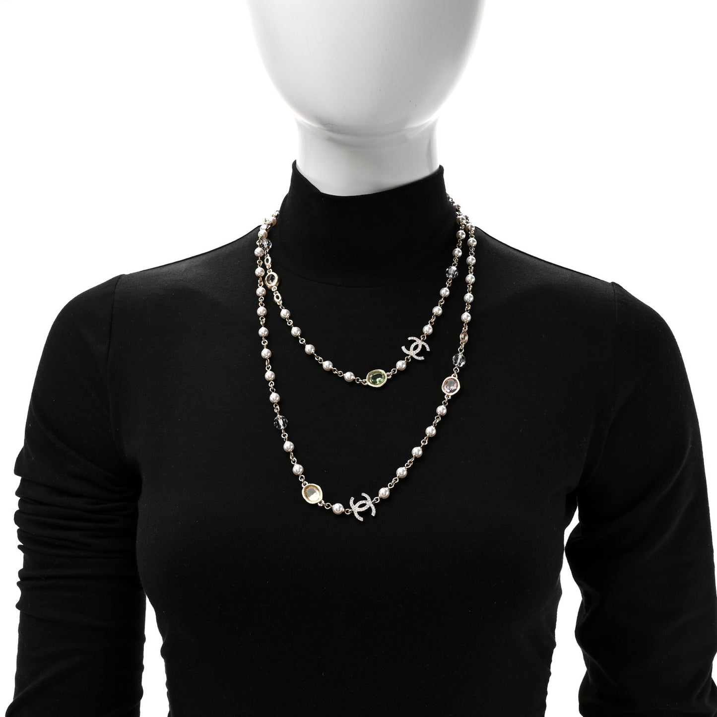 Crystal Pearl CC Long Necklace Gold Pearly White Multicolor