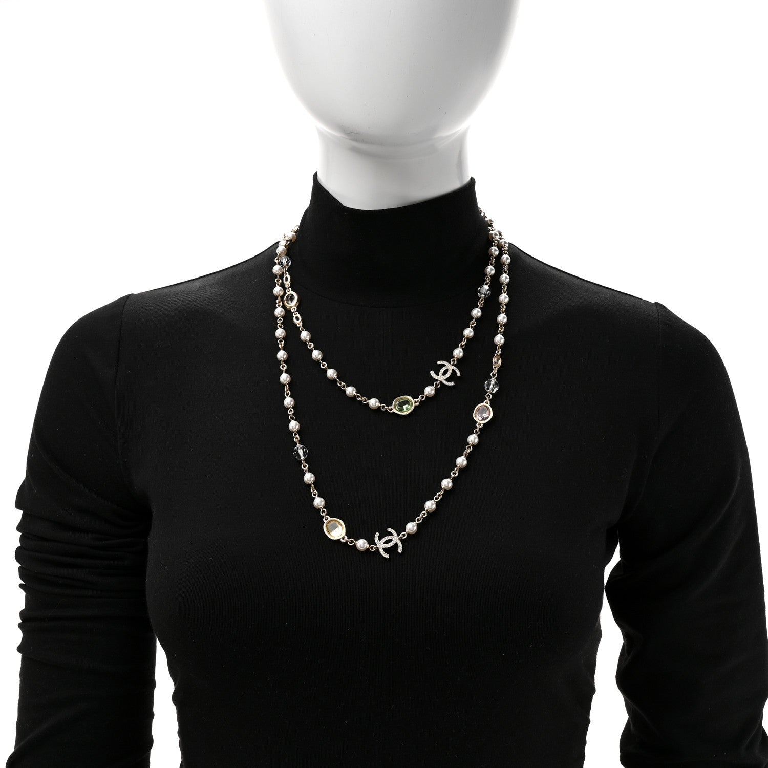 Chanel Crystal Pearl CC Long Necklace Gold Pearly White Multicolor 2 of 4