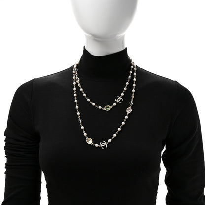 Chanel Crystal Pearl CC Long Necklace Gold Pearly White Multicolor 2 of 4