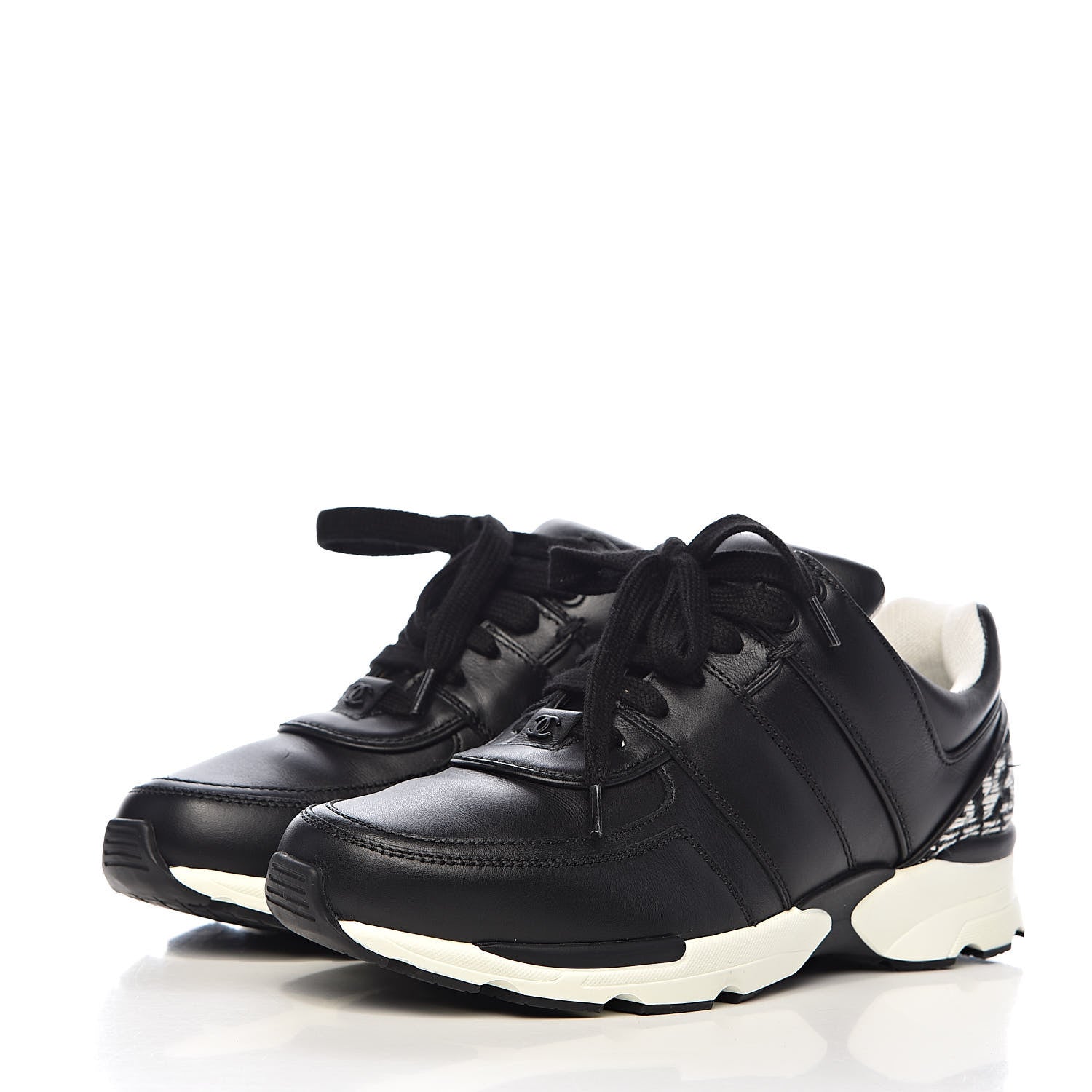 Chanel Calfskin Tweed CC Sneakers 38 Black White 3 of 11