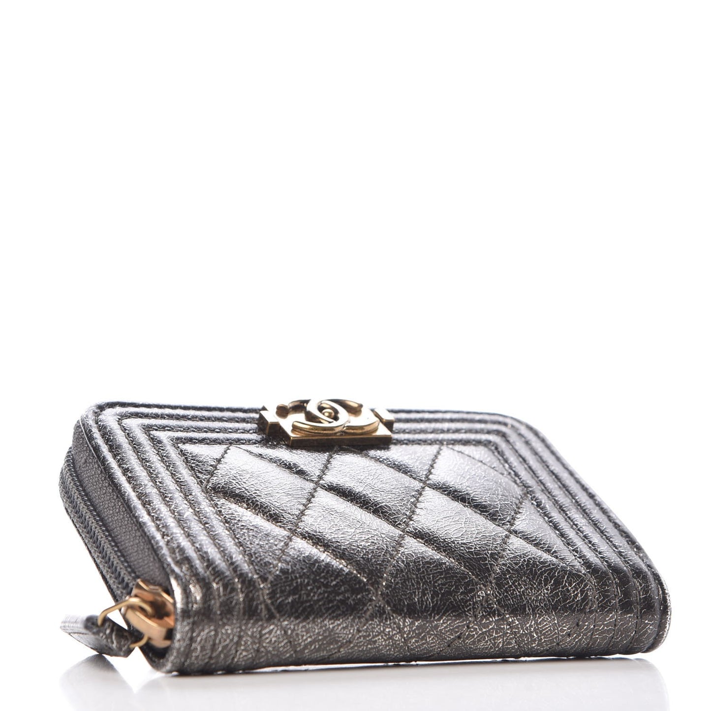 Cracked Metallic Calfskin Quilted Boy Zip Around Coin Purse Wallet Dark Silver