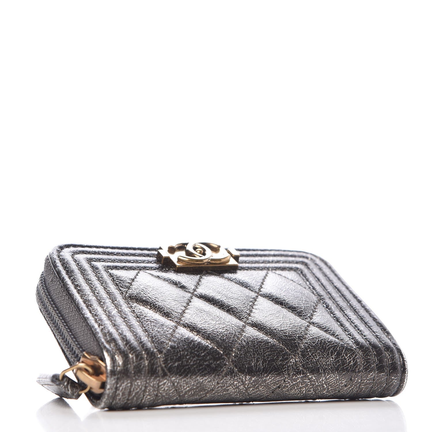 Chanel Cracked Metallic Calfskin Quilted Boy Zip Around Coin Purse Wallet Dark Silver 4 of 9