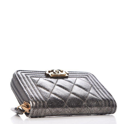 Chanel Cracked Metallic Calfskin Quilted Boy Zip Around Coin Purse Wallet Dark Silver 4 of 9