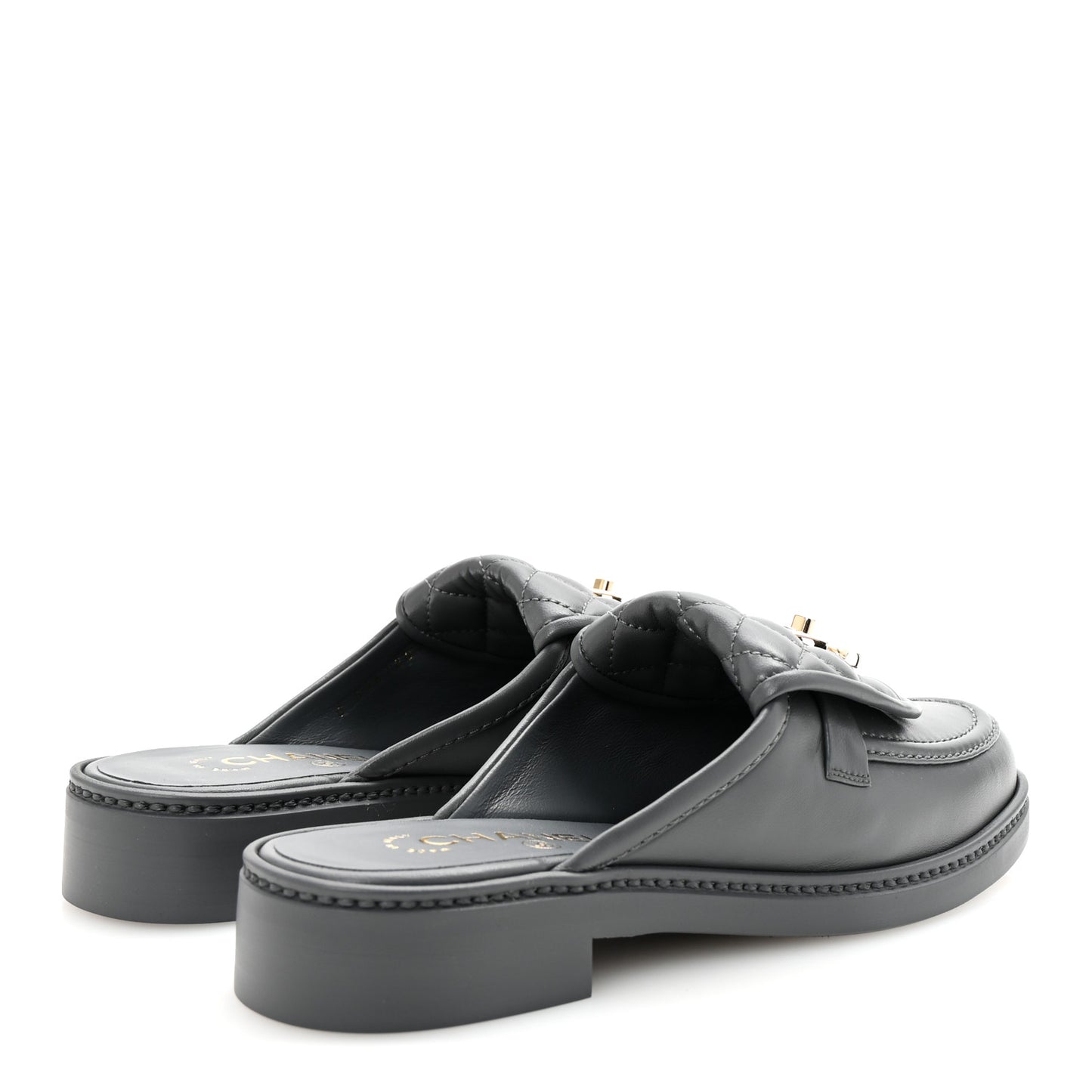 Lambskin Quilted CC Turnlock Mules 37 Dark Gray