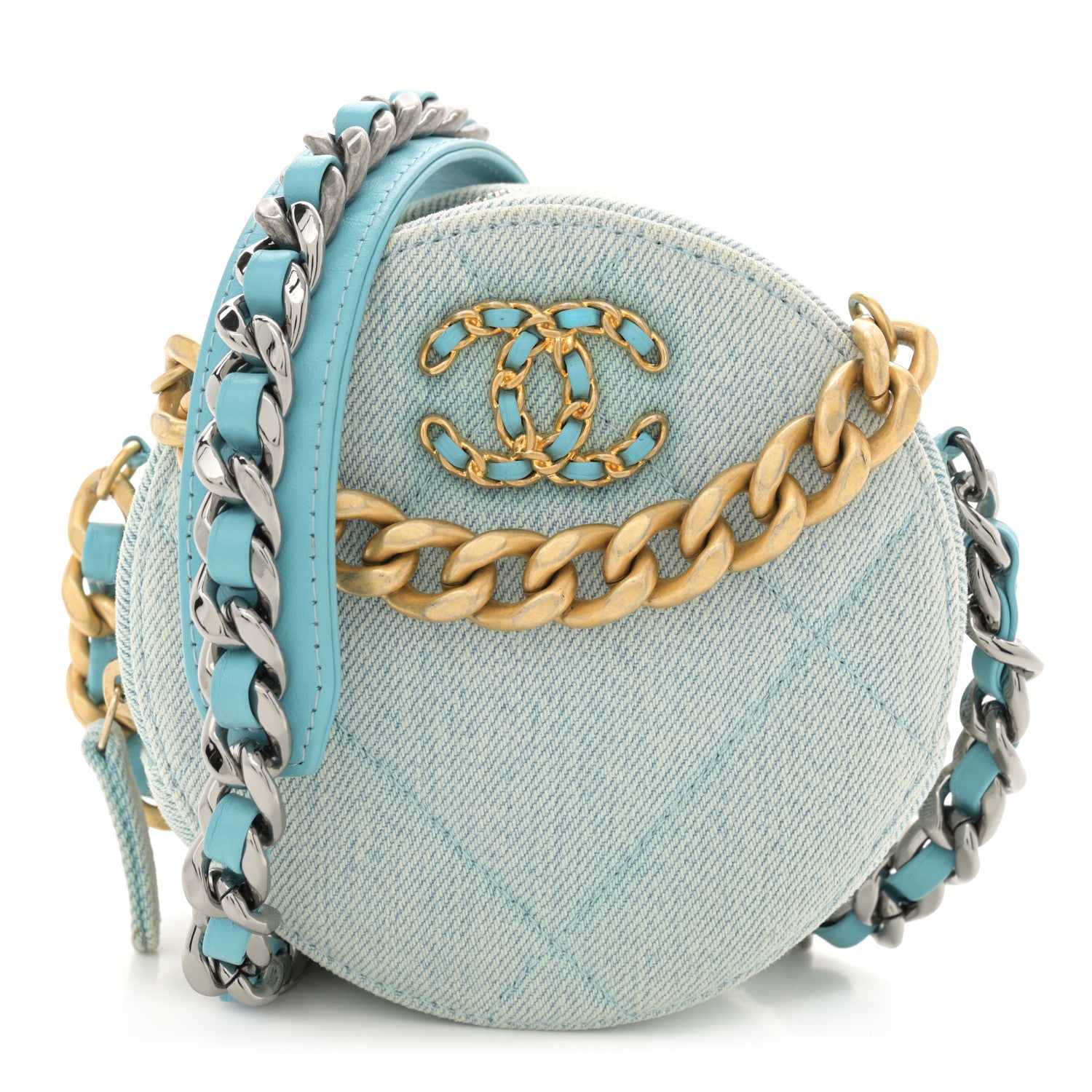 Chanel Denim Quilted Chanel 19 Round Clutch With Chain Neon Blue 1 of 12