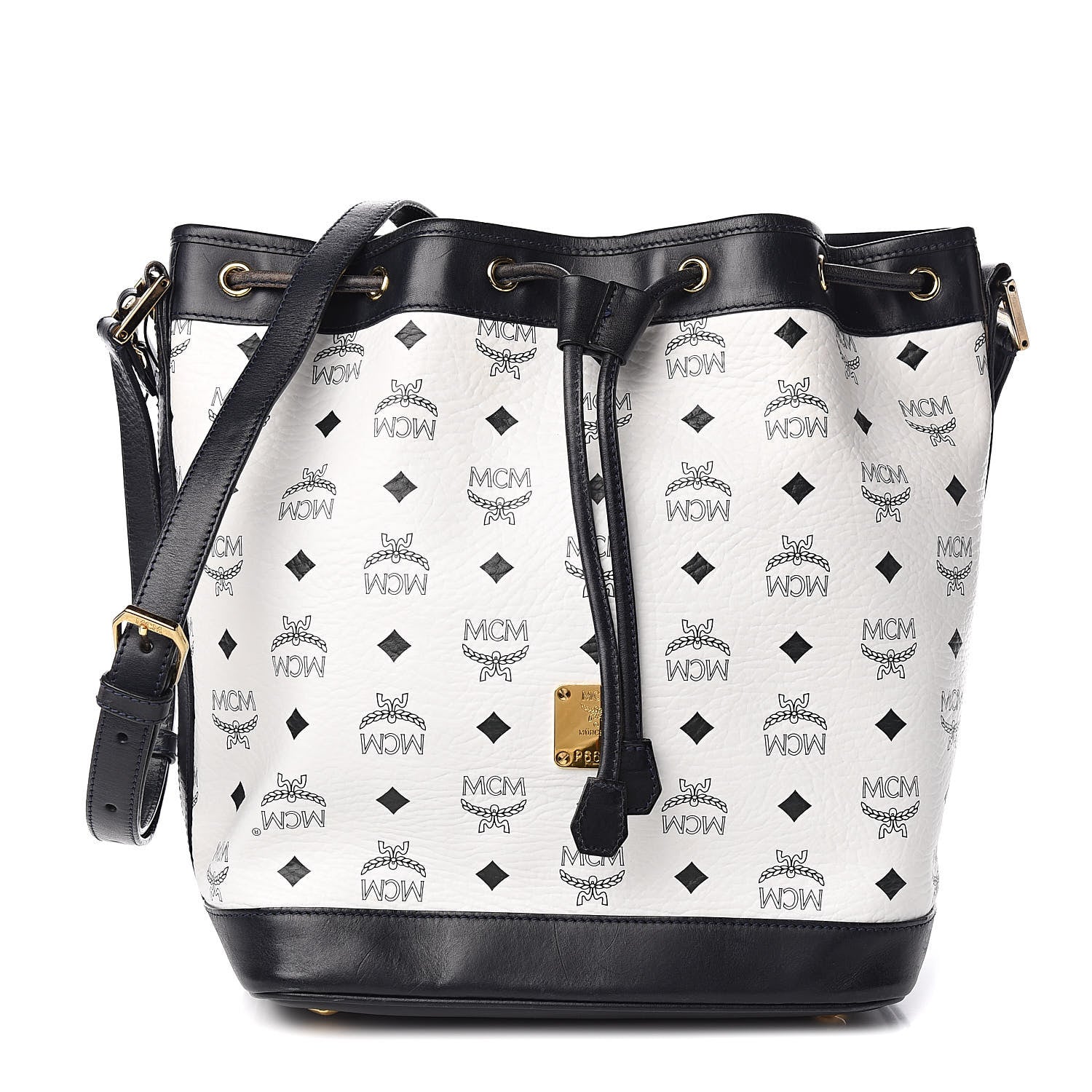 MCM Visetos Small Heritage Drawstring Bucket Bag White Black 1 of 10