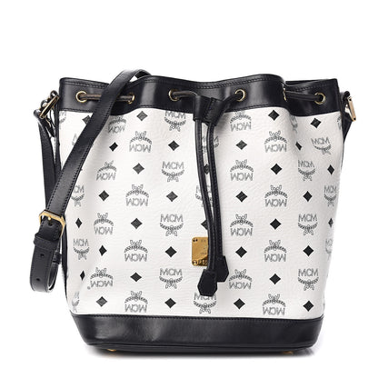 MCM Visetos Small Heritage Drawstring Bucket Bag White Black 1 of 10