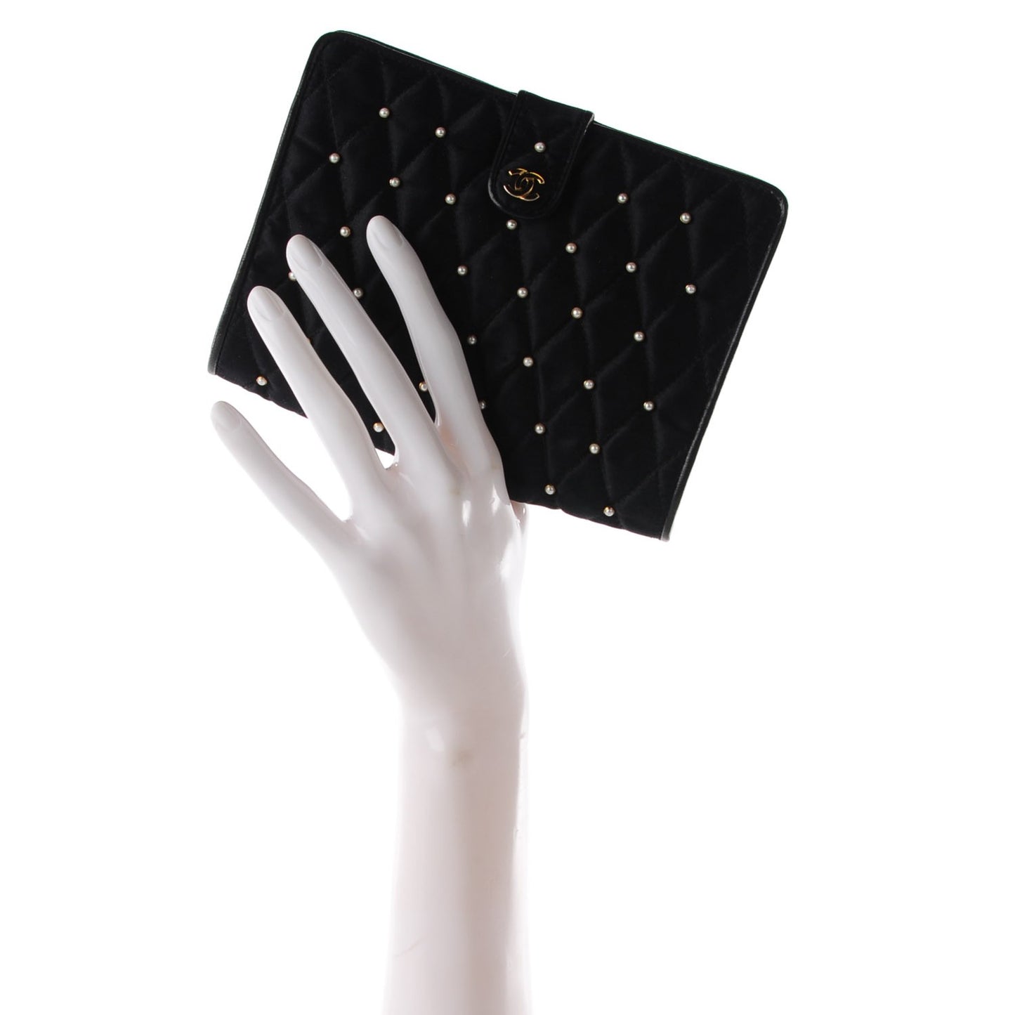 Satin Pearl Quilted CC Clutch Black