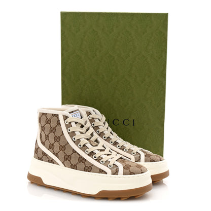 Gucci New Canvas GG Monogram Womens Tennis 1977 High Top 55mm Platform Sneakers 37.5 Beige Ebony Mystic White 9 of 9