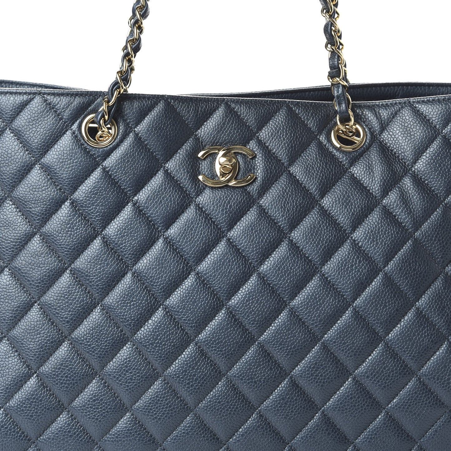 Metallic Caviar Quilted Large Classic Shopping Tote Dark Blue