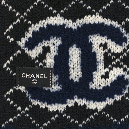 Chanel Wool Cashmere Silk CC Scarf Navy White 3 of 4