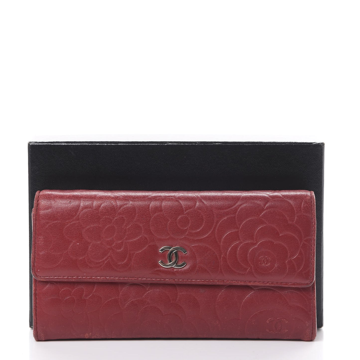 Lambskin Camellia Embossed Flap Wallet Red