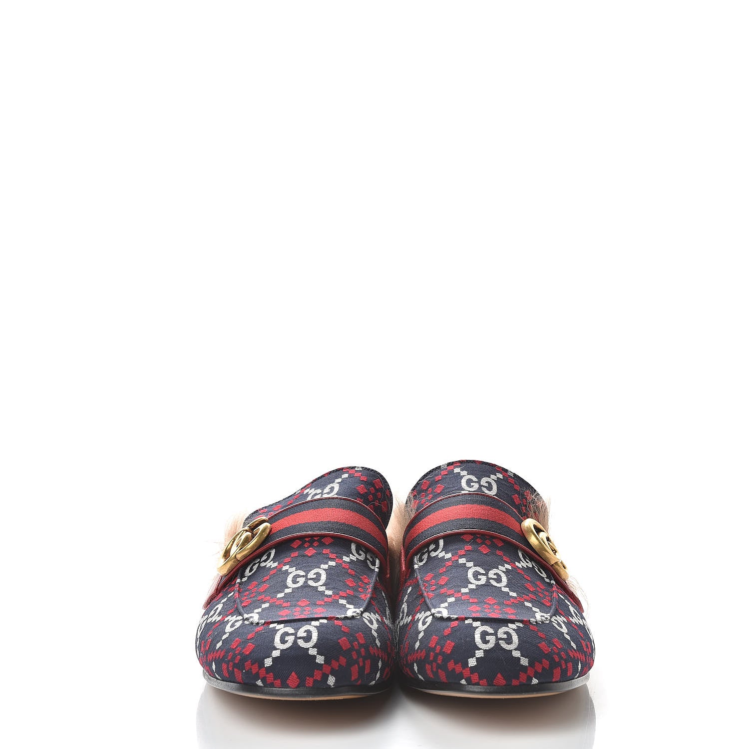 Gucci Canvas GG Monogram Diamond Fur Web GG Mens Princetown Slippers 11 Midnight Blue Hibiscus Red 3 of 10