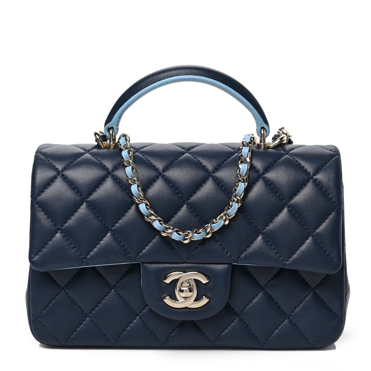 Lambskin Quilted Bi-Color Mini Top Handle Rectangular Flap Navy Blue Light Blue