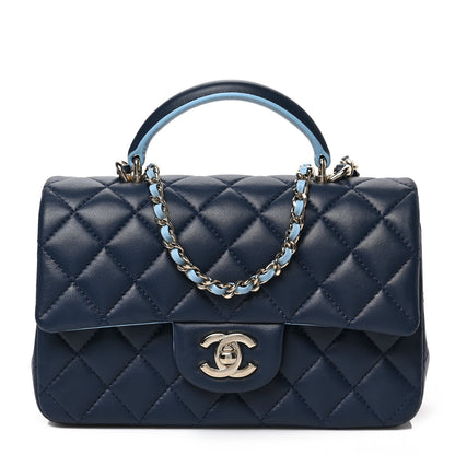 Chanel Lambskin Quilted Bi-Color Mini Top Handle Rectangular Flap Navy Blue Light Blue 1 of 8