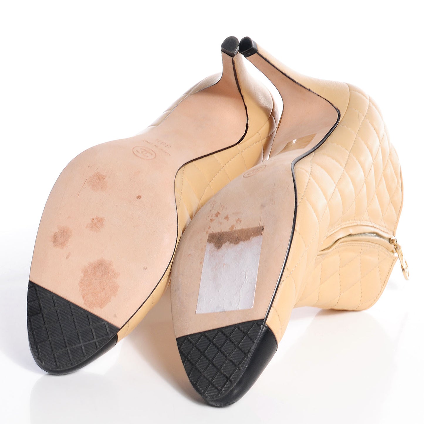 Leather Quilted Cap Toe Boots 39.5 Beige Black