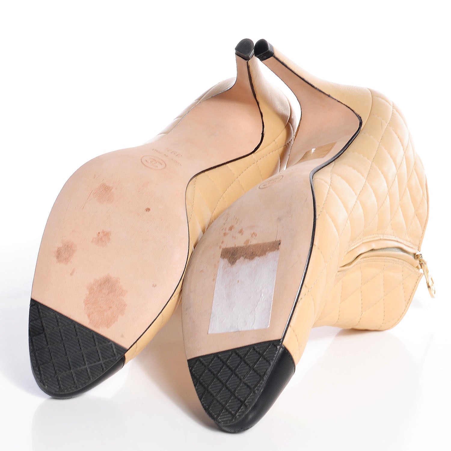 Chanel Leather Quilted Cap Toe Boots 39.5 Beige Black 5 of 7