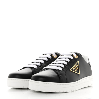 Prada Vitello Soft Metal Triangle Logo Womens Edge Low Top 30mm Sneakers 38 Black White 3 of 9